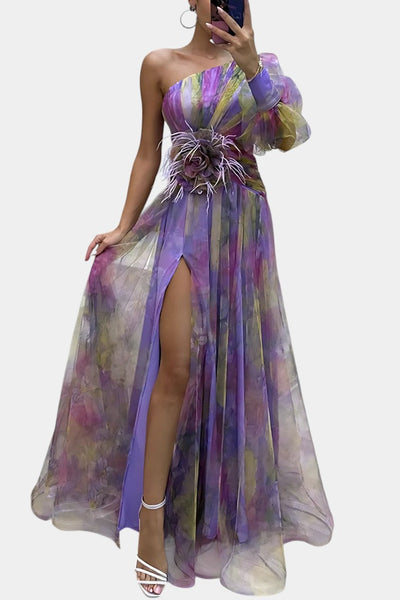 Teodora | Asimetrična Maxi Haljina s Jednim Rame i Umjetničkim Uzorkom