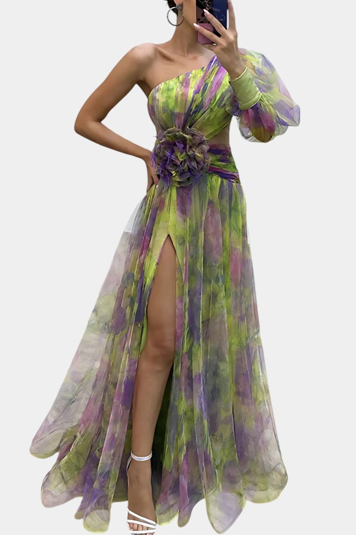 Teodora | Asimetrična Maxi Haljina s Jednim Rame i Umjetničkim Uzorkom