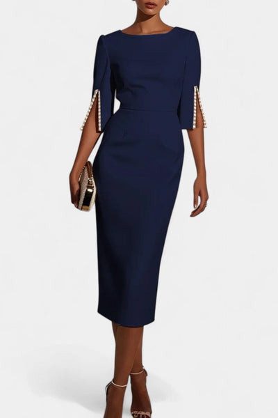 Vesna | Midi Haljina s Bisernim Detaljima i Okruglim Izrezom