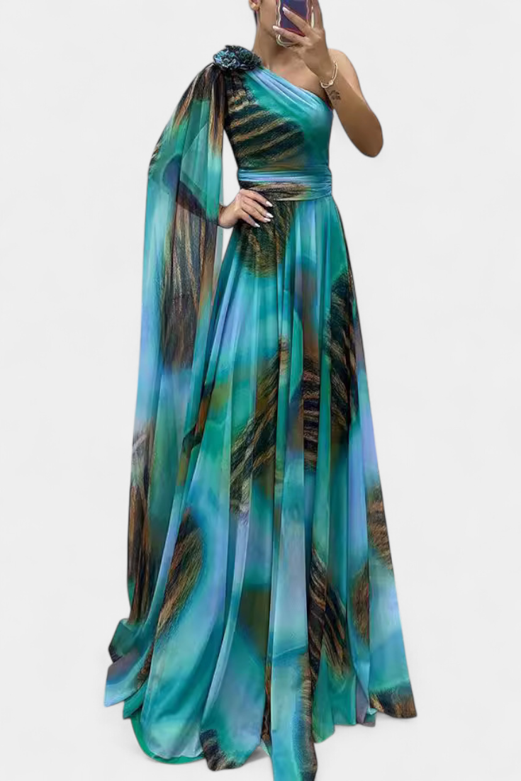 Nives | Haljina Duga s Jednim Ramenom s Cvjetnim Detaljem