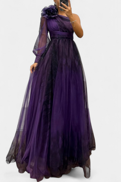 Natalija | Maxi Haljina od Chiffona s Otkritim Ramenom i Voluminousom Ruzom