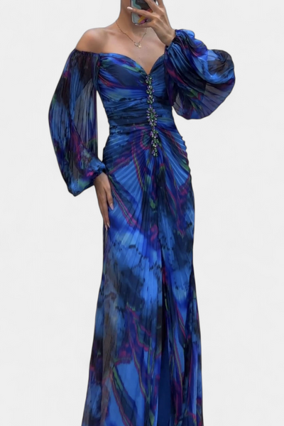 Leona | Maxi Haljina s Plisiranjem, Dugim Rukavima i Vibrantnim Uzorkom