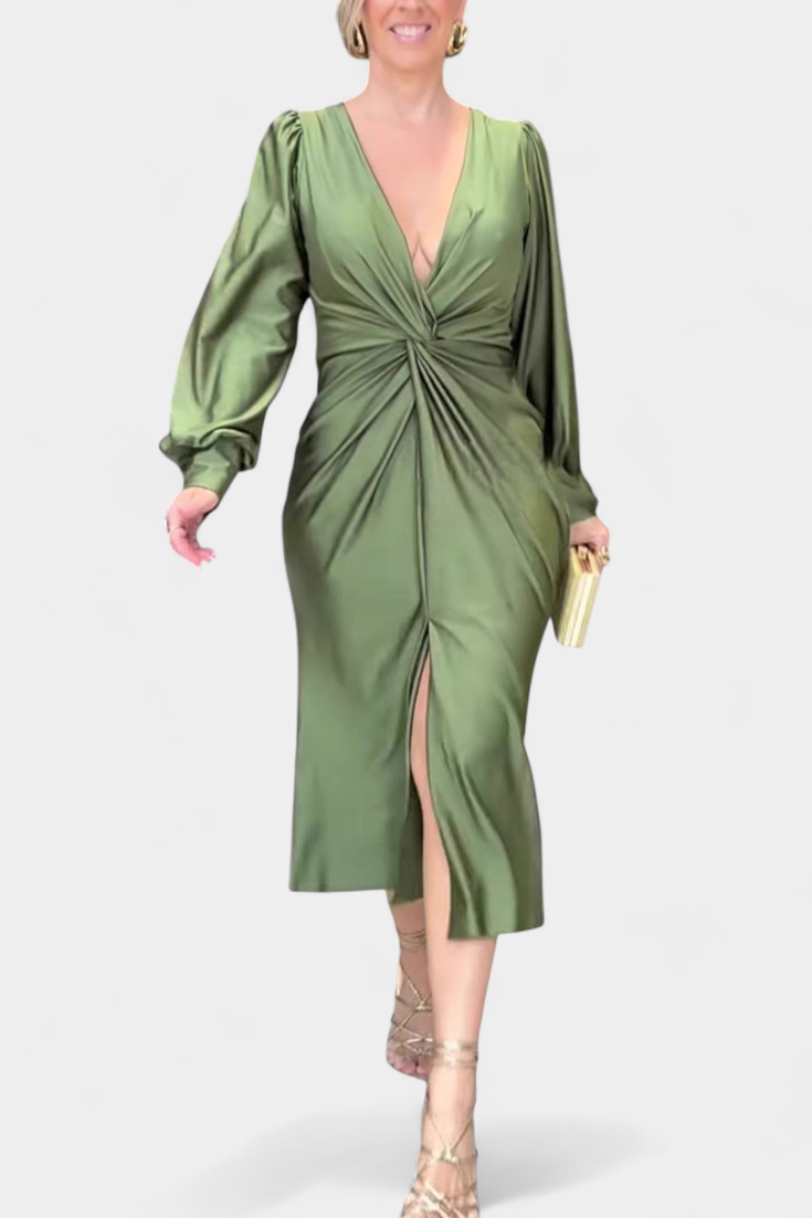 Veselka | Duga Haljina s Dugim Rukavima i V-Izrezom