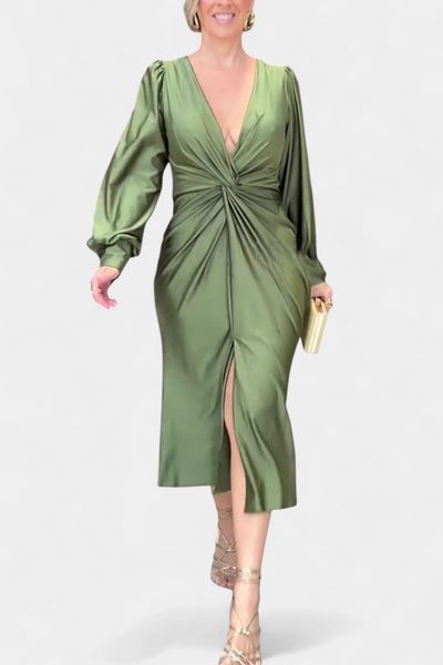 Veselka | Duga Haljina s Dugim Rukavima i V-Izrezom