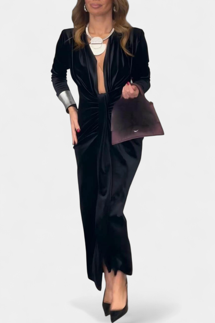 Vilma | Duga Haljina od Zlatnog Baršuna s V-Izrezom