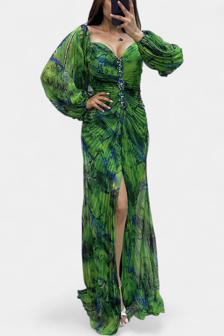 Leona | Maxi Haljina s Plisiranjem, Dugim Rukavima i Vibrantnim Uzorkom