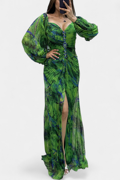 Leona | Maxi Haljina s Plisiranjem, Dugim Rukavima i Vibrantnim Uzorkom