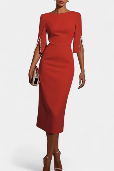 Vesna | Midi Haljina s Bisernim Detaljima i Okruglim Izrezom