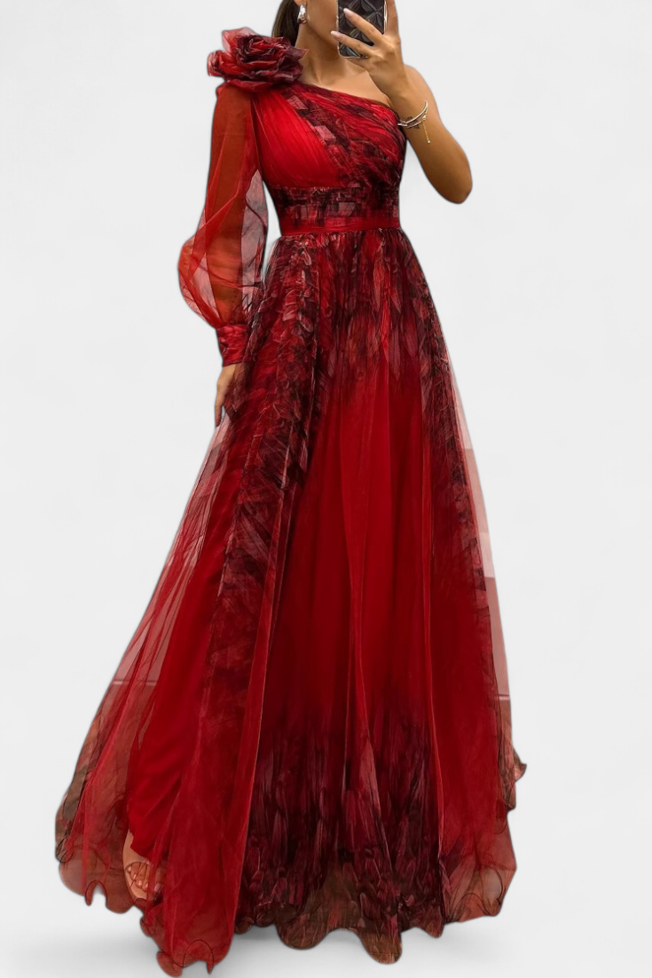 Natalija | Maxi Haljina od Chiffona s Otkritim Ramenom i Voluminousom Ruzom