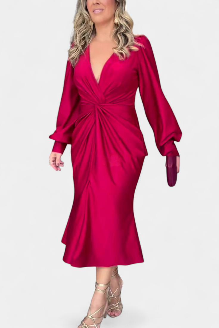 Veselka | Duga Haljina s Dugim Rukavima i V-Izrezom