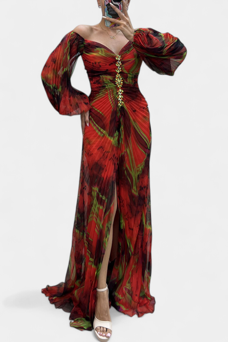 Leona | Maxi Haljina s Plisiranjem, Dugim Rukavima i Vibrantnim Uzorkom