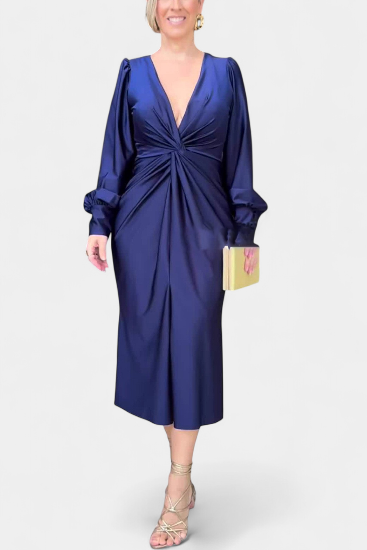 Veselka | Duga Haljina s Dugim Rukavima i V-Izrezom