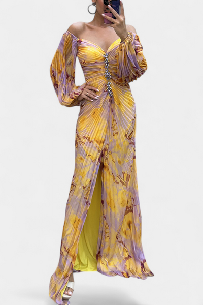 Leona | Maxi Haljina s Plisiranjem, Dugim Rukavima i Vibrantnim Uzorkom