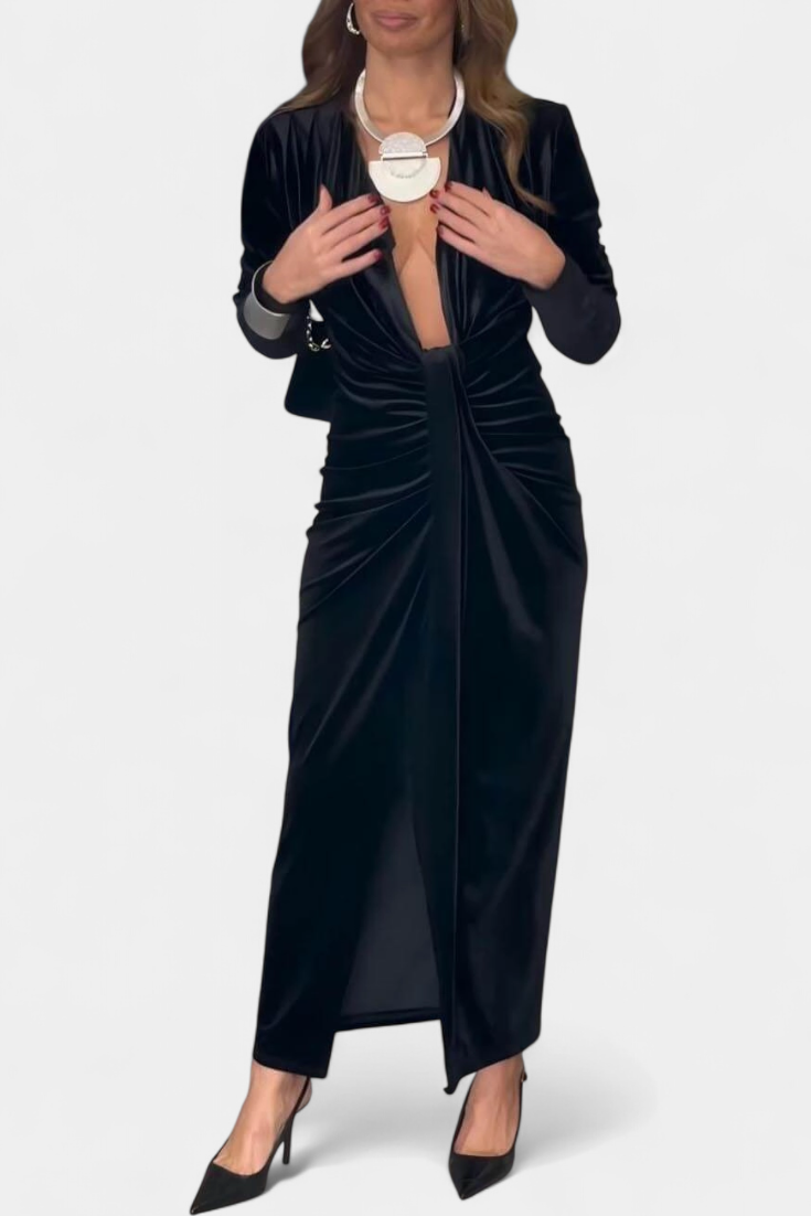 Vilma | Duga Haljina od Zlatnog Baršuna s V-Izrezom