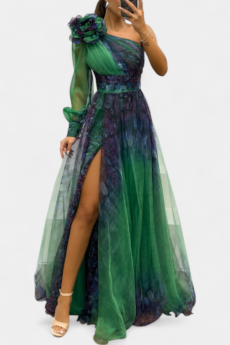 Natalija | Maxi Haljina od Chiffona s Otkritim Ramenom i Voluminousom Ruzom