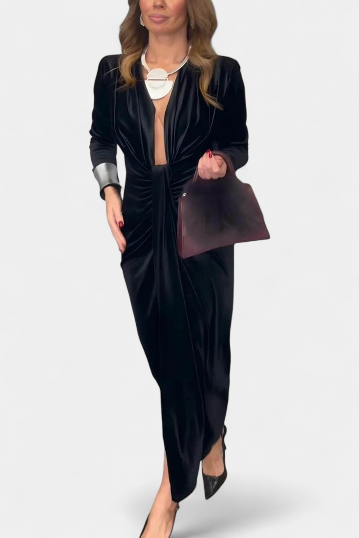 Vilma | Duga Haljina od Zlatnog Baršuna s V-Izrezom