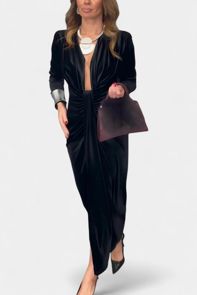 Vilma | Duga Haljina od Zlatnog Baršuna s V-Izrezom