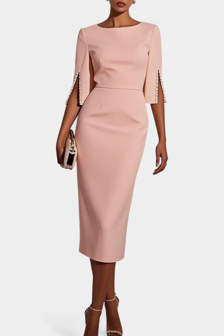 Vesna | Midi Haljina s Bisernim Detaljima i Okruglim Izrezom