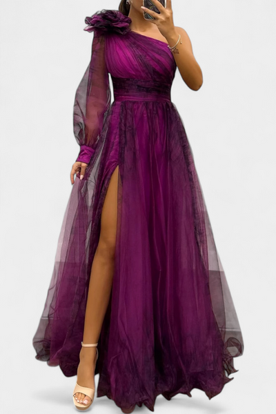 Natalija | Maxi Haljina od Chiffona s Otkritim Ramenom i Voluminousom Ruzom