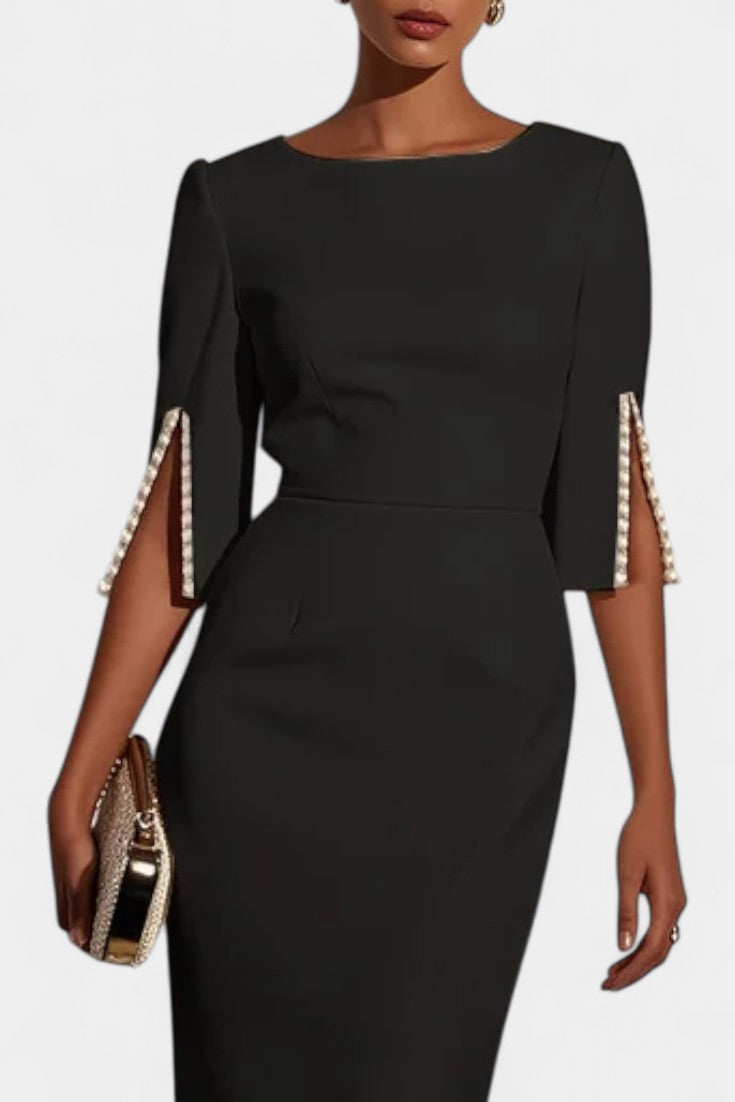 Vesna | Midi Haljina s Bisernim Detaljima i Okruglim Izrezom