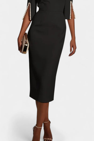 Vesna | Midi Haljina s Bisernim Detaljima i Okruglim Izrezom