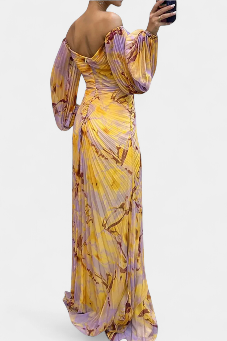 Leona | Maxi Haljina s Plisiranjem, Dugim Rukavima i Vibrantnim Uzorkom