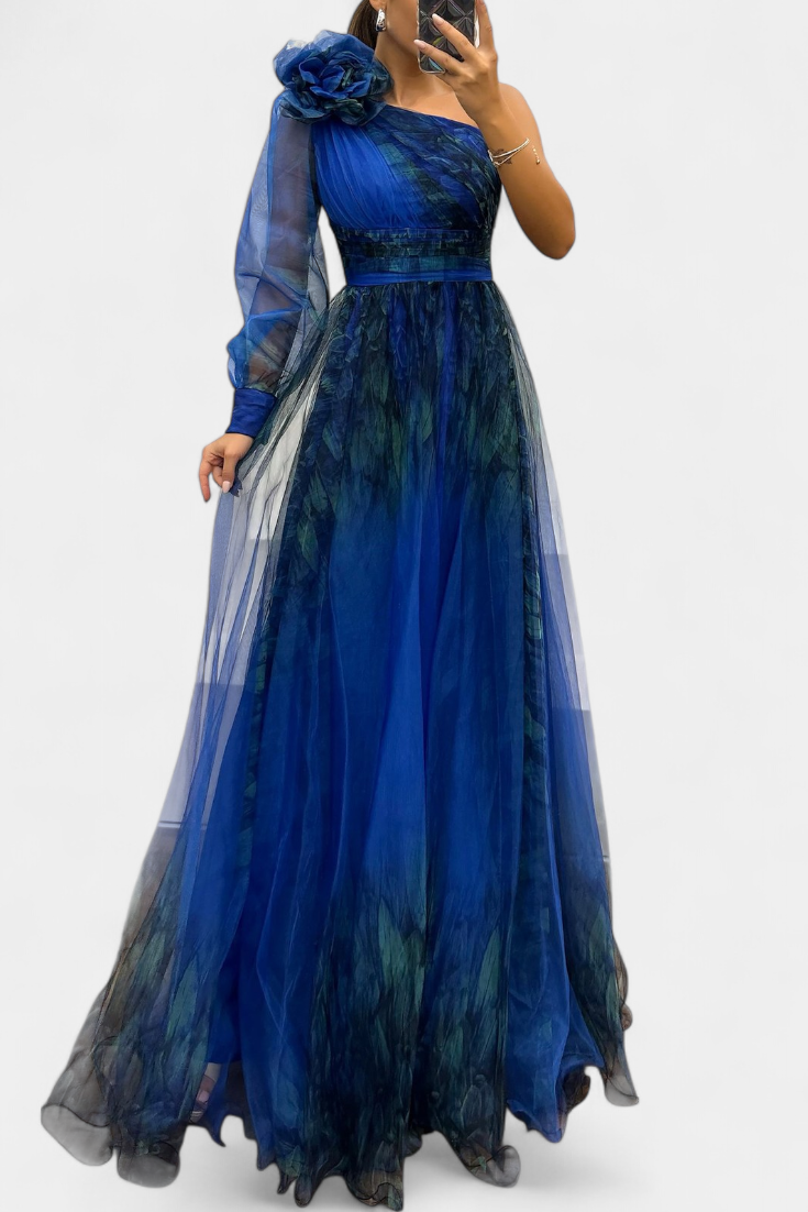 Natalija | Maxi Haljina od Chiffona s Otkritim Ramenom i Voluminousom Ruzom