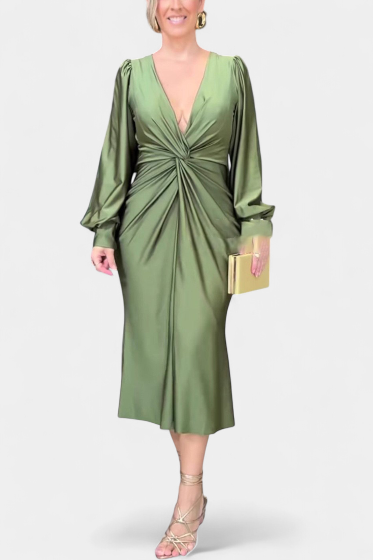 Veselka | Duga Haljina s Dugim Rukavima i V-Izrezom